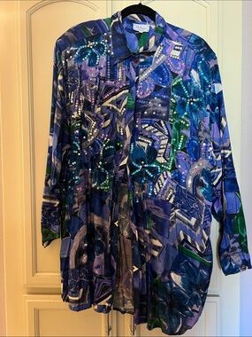 Embellished Blue Floral Button-Down Shirt
